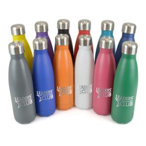 500ml double walled matt black stainless steel drinks bottle with screw top lid. BPA & PVC free.